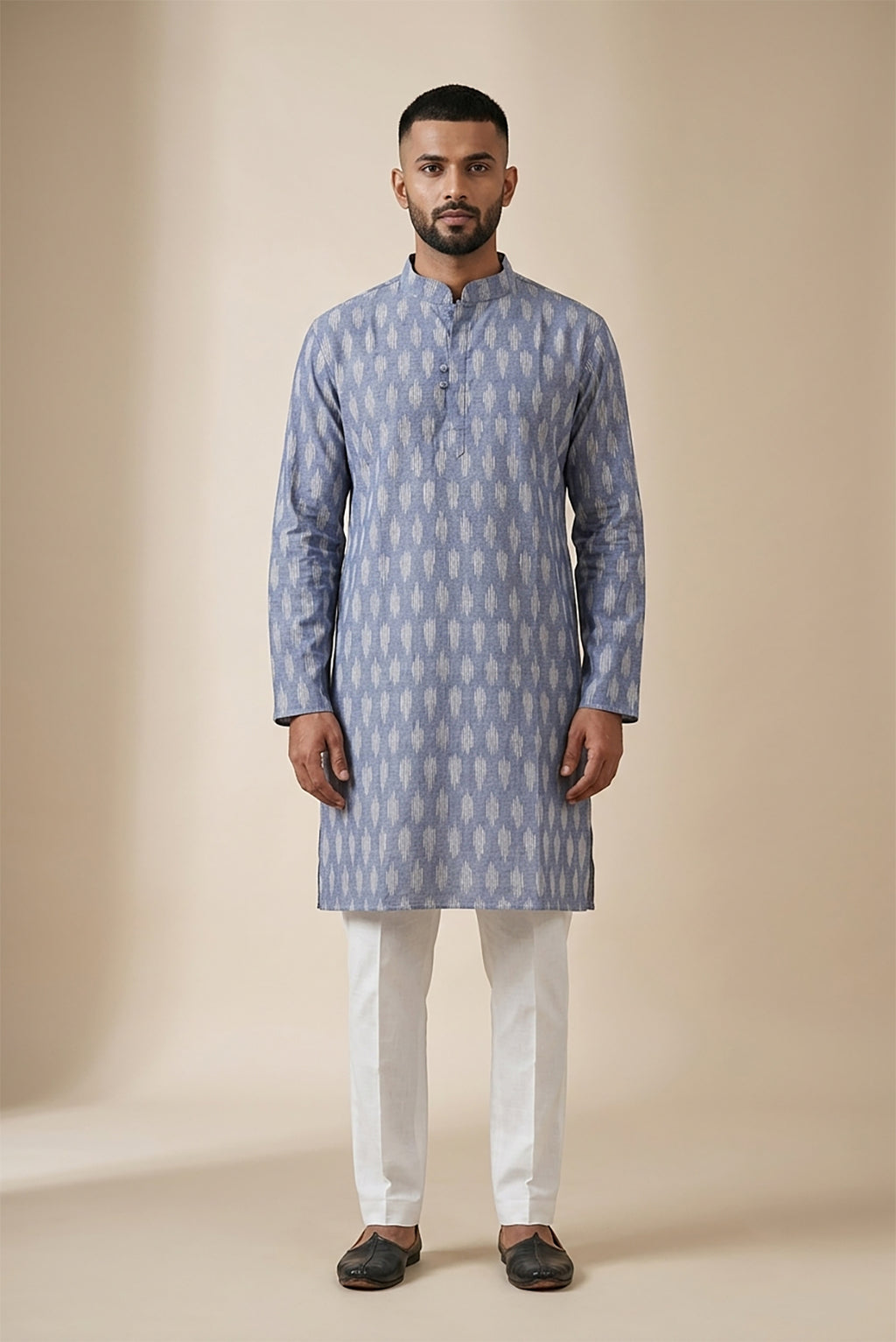 Blue Pure Cotton Ikat Print Mens Kurta
