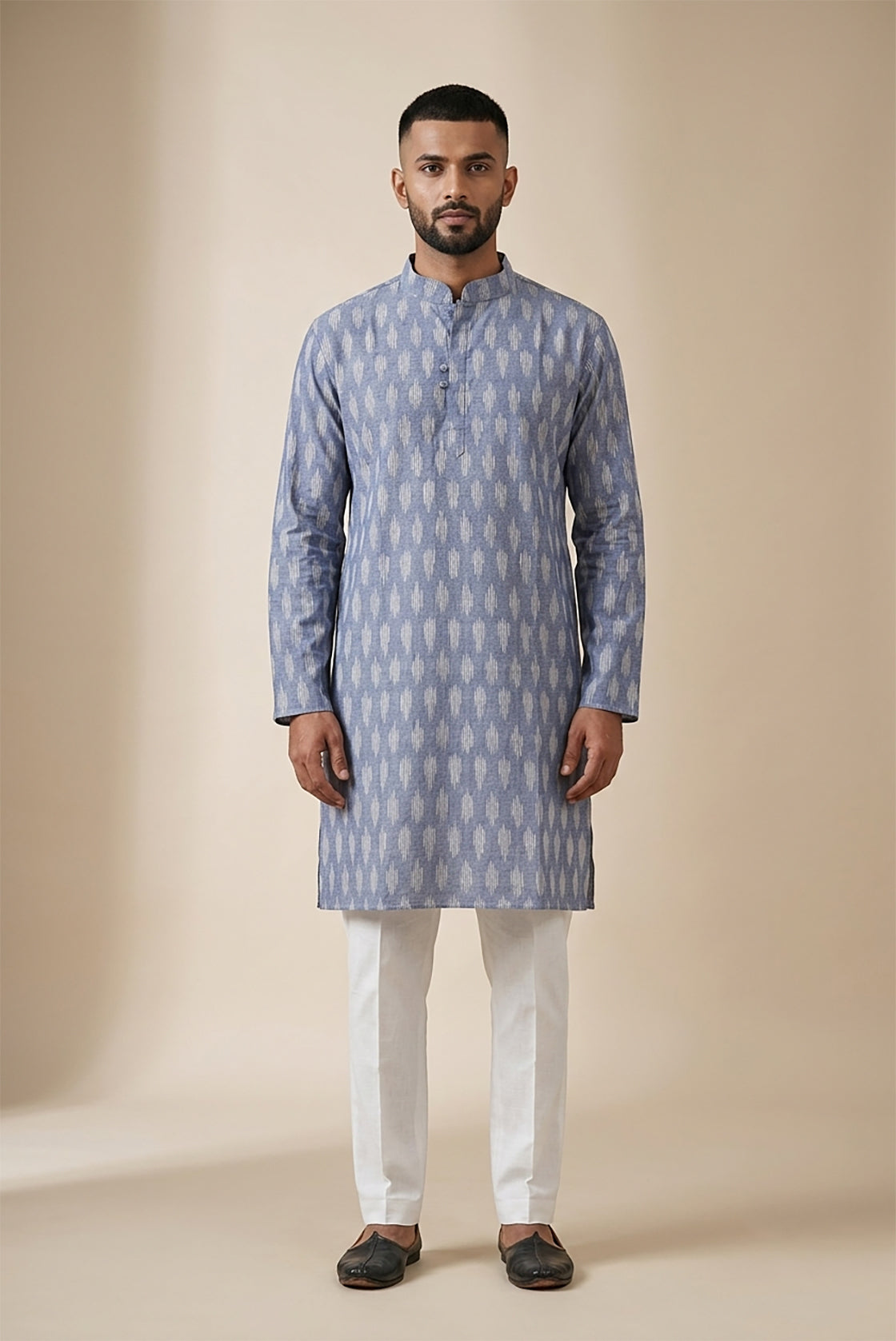 Blue Pure Cotton Ikat Print Mens Kurta