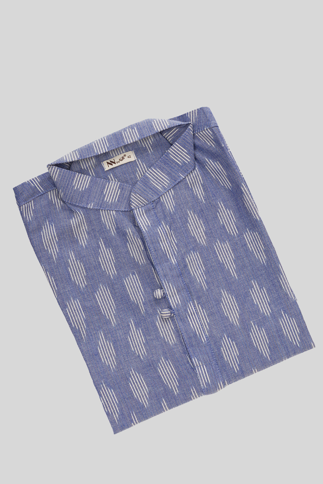 Close up blouse image of Blue Pure Cotton Ikat Print Mens Kurta