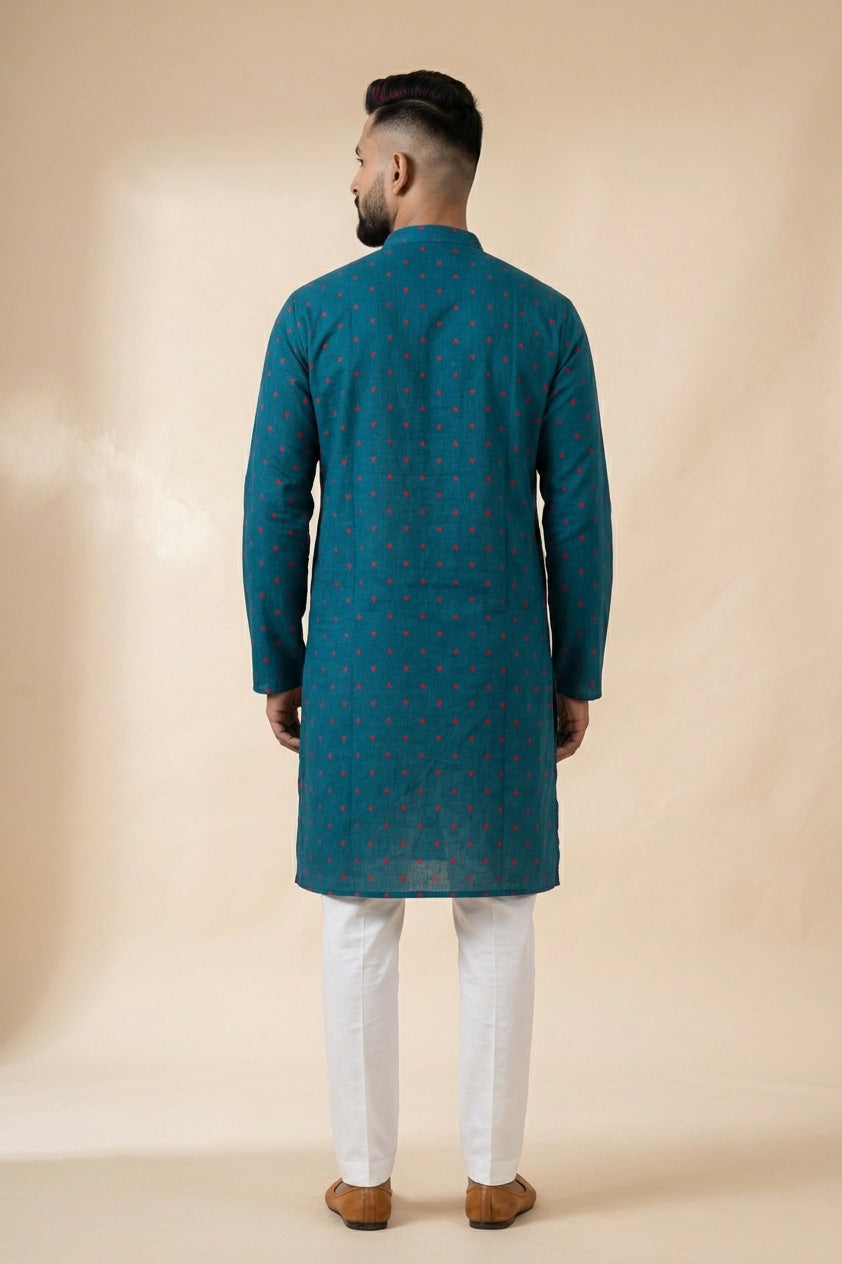 Peacock Blue Pure Cotton Thread Butta Mens Kurta back image displayed on an AI model