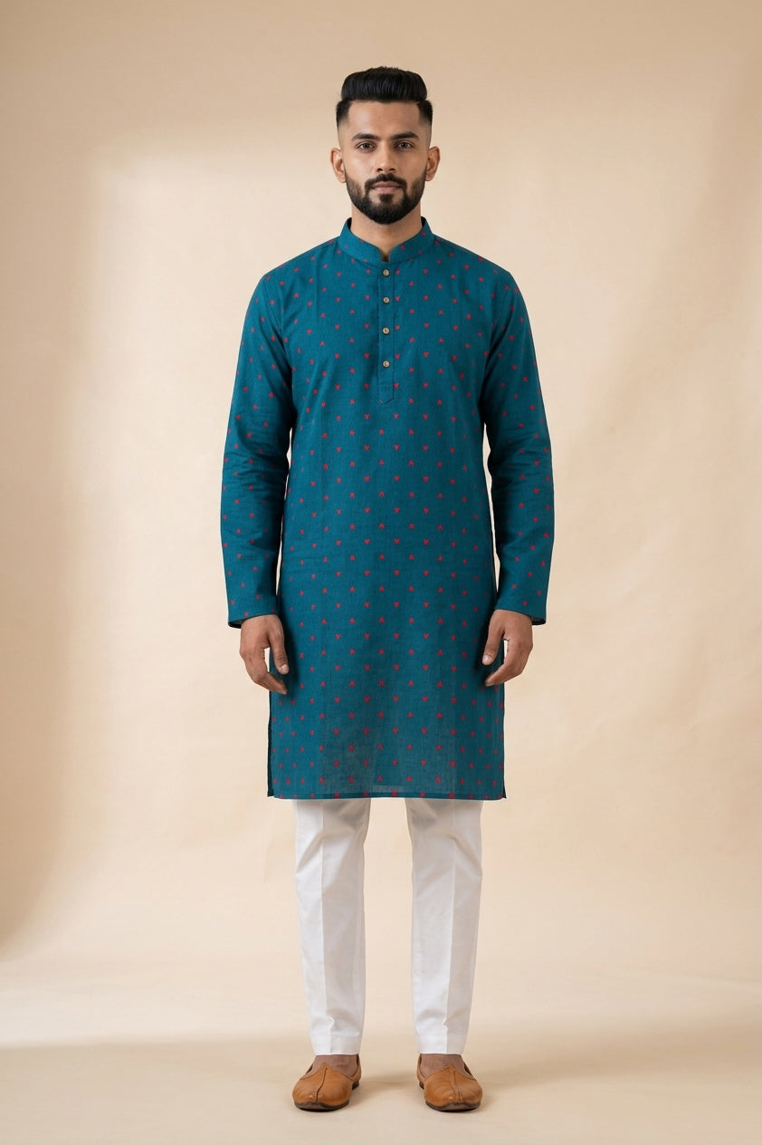 Peacock Blue Pure Cotton Thread Butta Mens Kurta