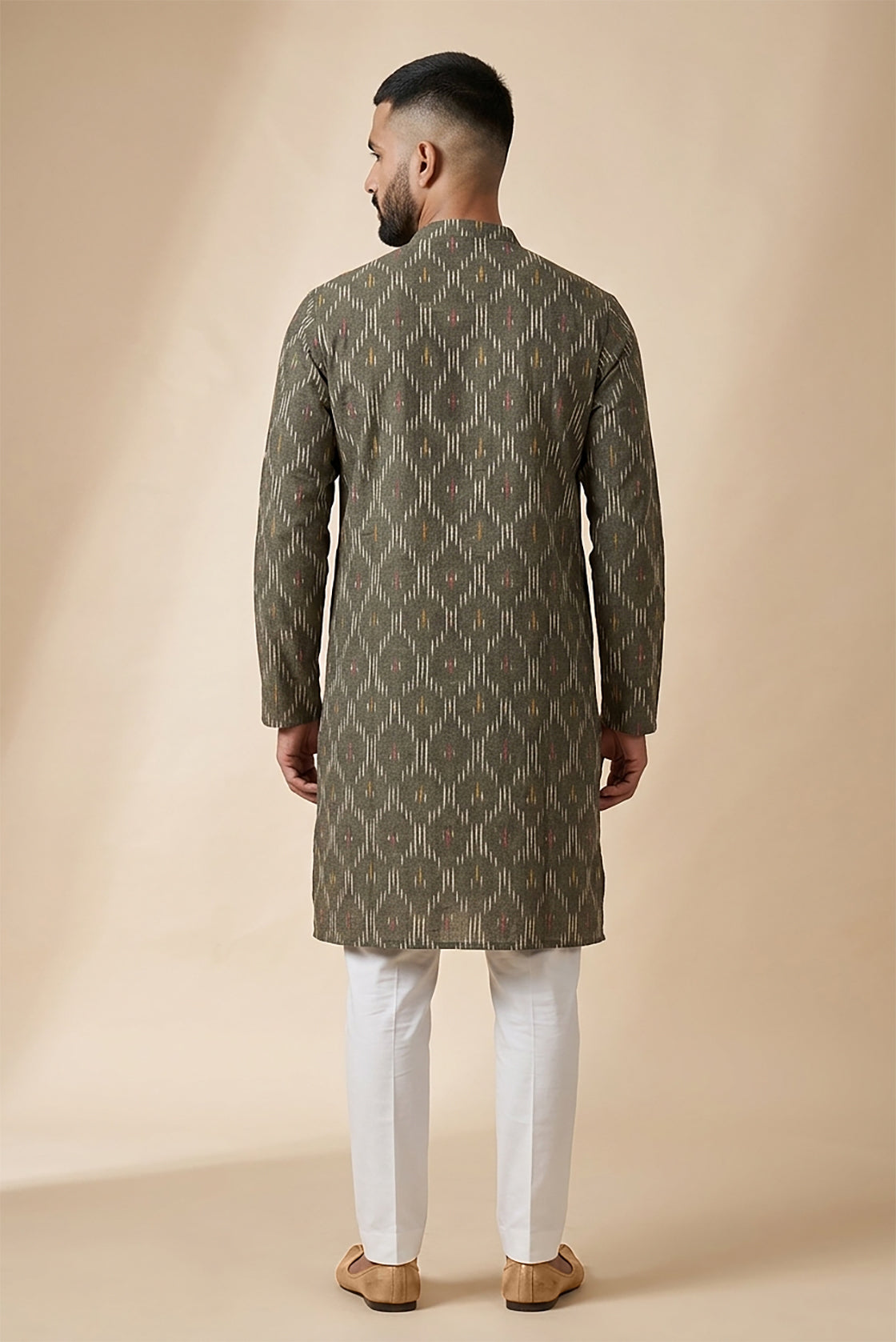 Grey Pure Cotton Ikat Print Mens Kurta back image displayed on an AI model