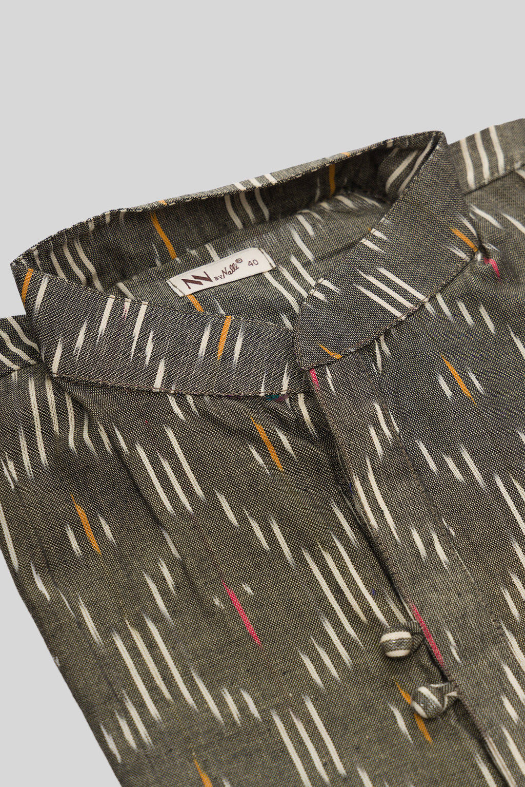 Detailed shot of Grey Pure Cotton Ikat Print Mens Kurta