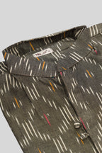Detailed shot of Grey Pure Cotton Ikat Print Mens Kurta
