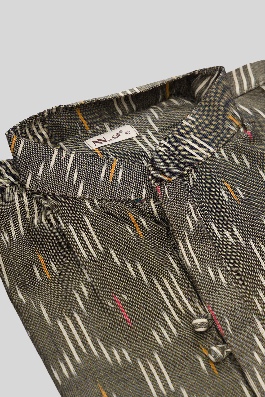 Detailed shot of Grey Pure Cotton Ikat Print Mens Kurta
