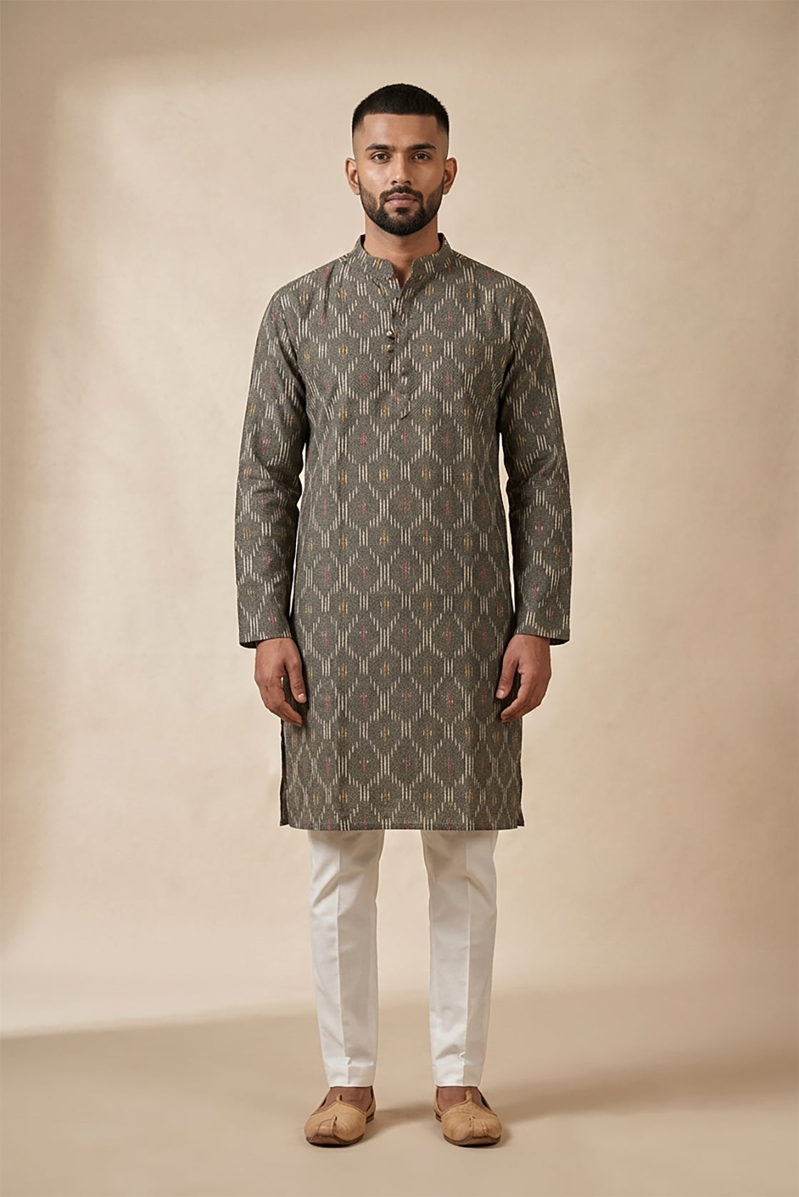 Grey Pure Cotton Ikat Print Mens Kurta