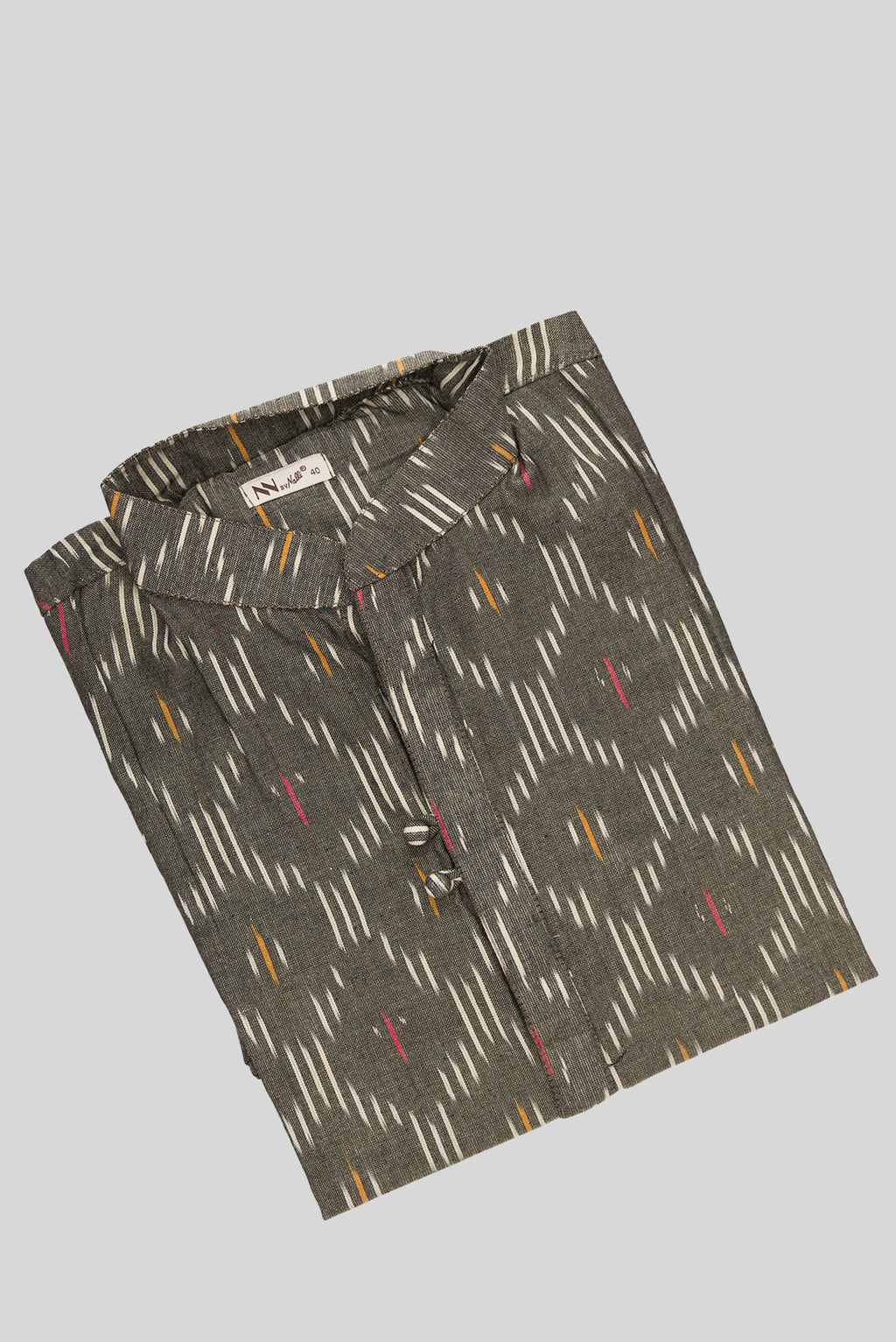 Close up blouse image of Grey Pure Cotton Ikat Print Mens Kurta