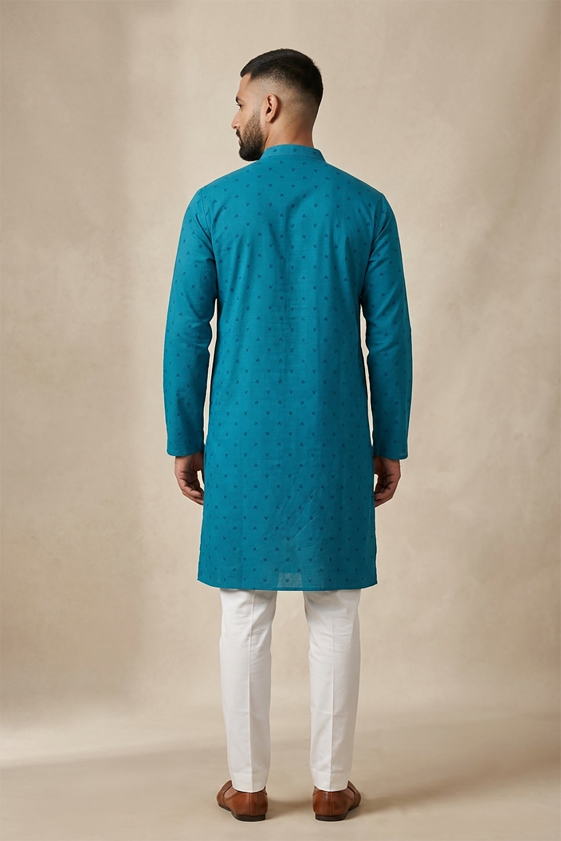 Peacock Blue Pure Cotton Thread Butta Mens Kurta back image displayed on an AI model
