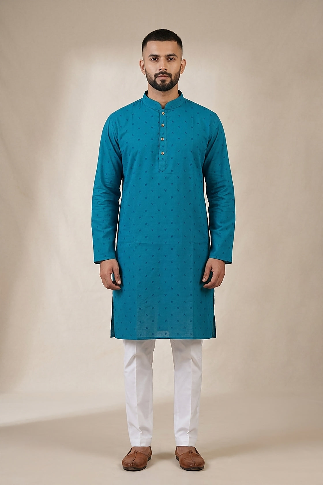 Peacock Blue Pure Cotton Thread Butta Mens Kurta