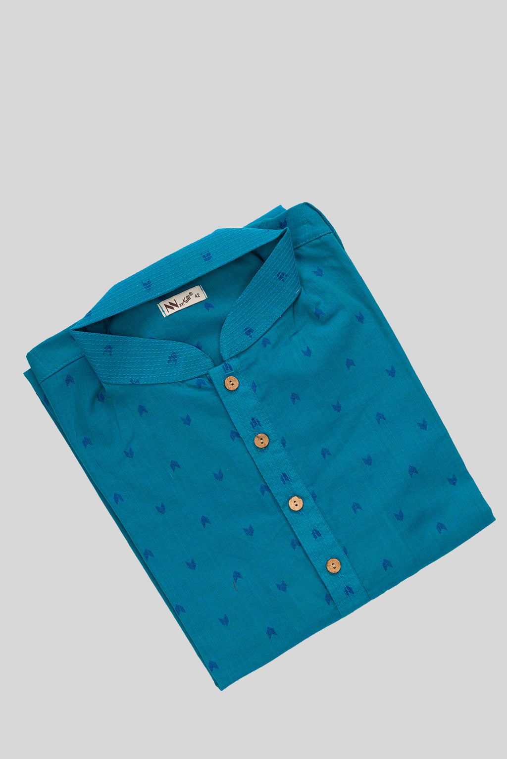 Close up blouse image of Peacock Blue Pure Cotton Thread Butta Mens Kurta