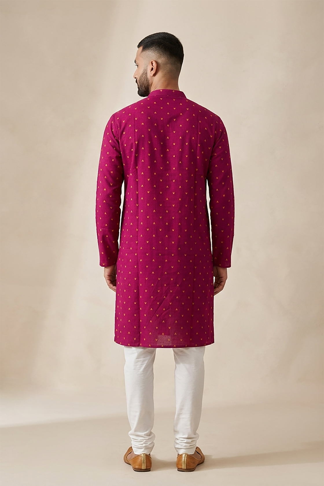 Maroon Pure Cotton Thread Butta Mens Kurta back image displayed on an AI model