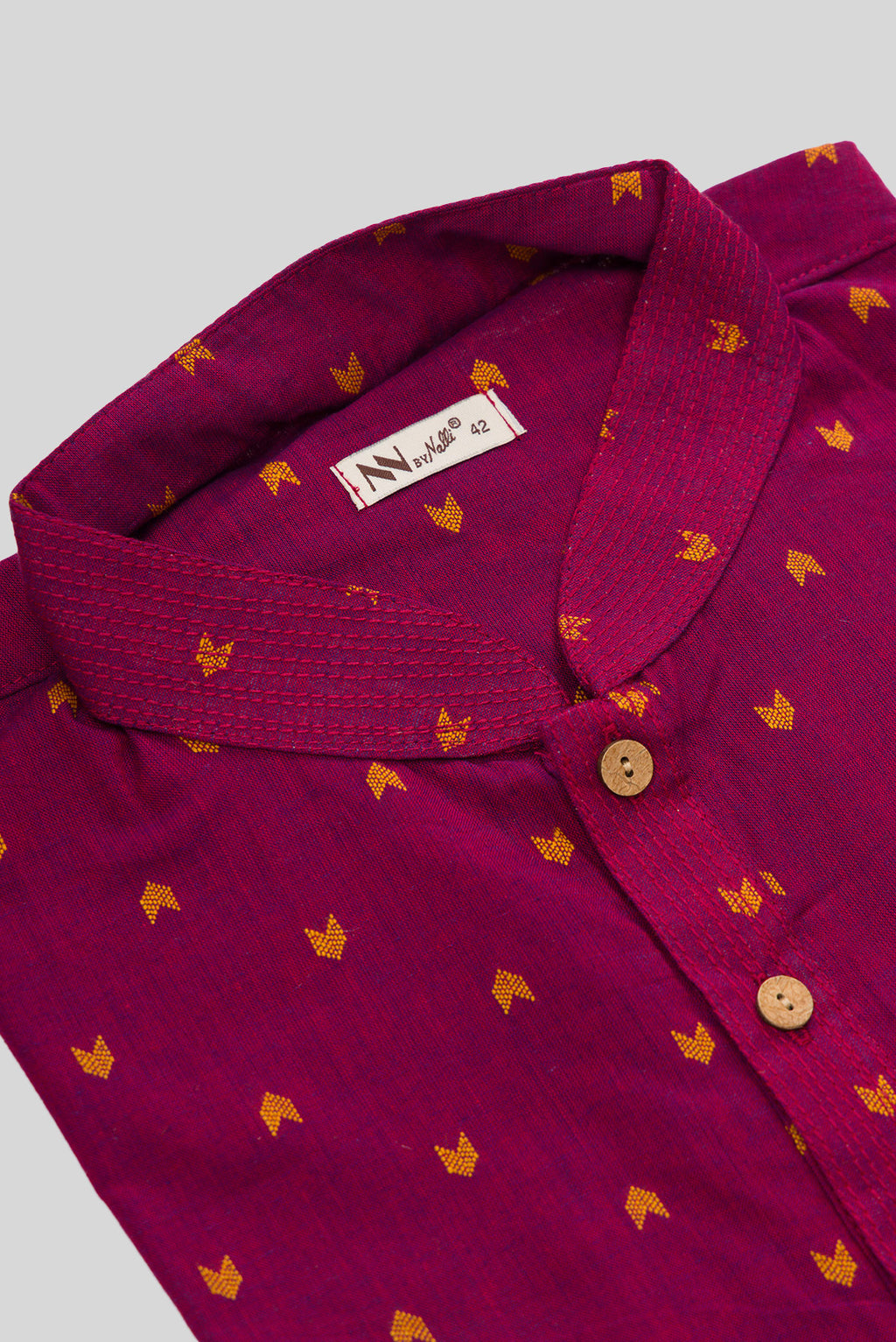 Detailed shot of Maroon Pure Cotton Thread Butta Mens Kurta