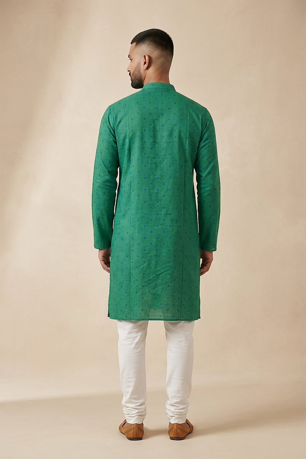 Green Pure Cotton Thread Butta Mens Kurta back image displayed on an AI model