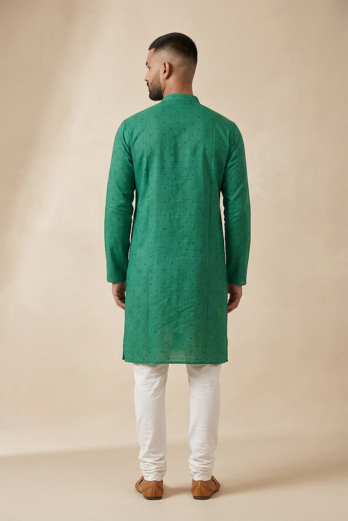 Green Pure Cotton Thread Butta Mens Kurta back image displayed on an AI model