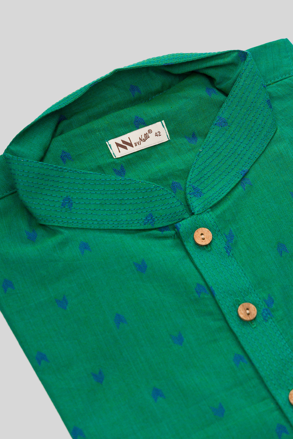 Detailed shot of Green Pure Cotton Thread Butta Mens Kurta