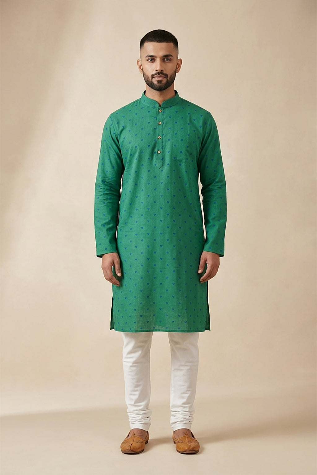 Green Pure Cotton Thread Butta Mens Kurta