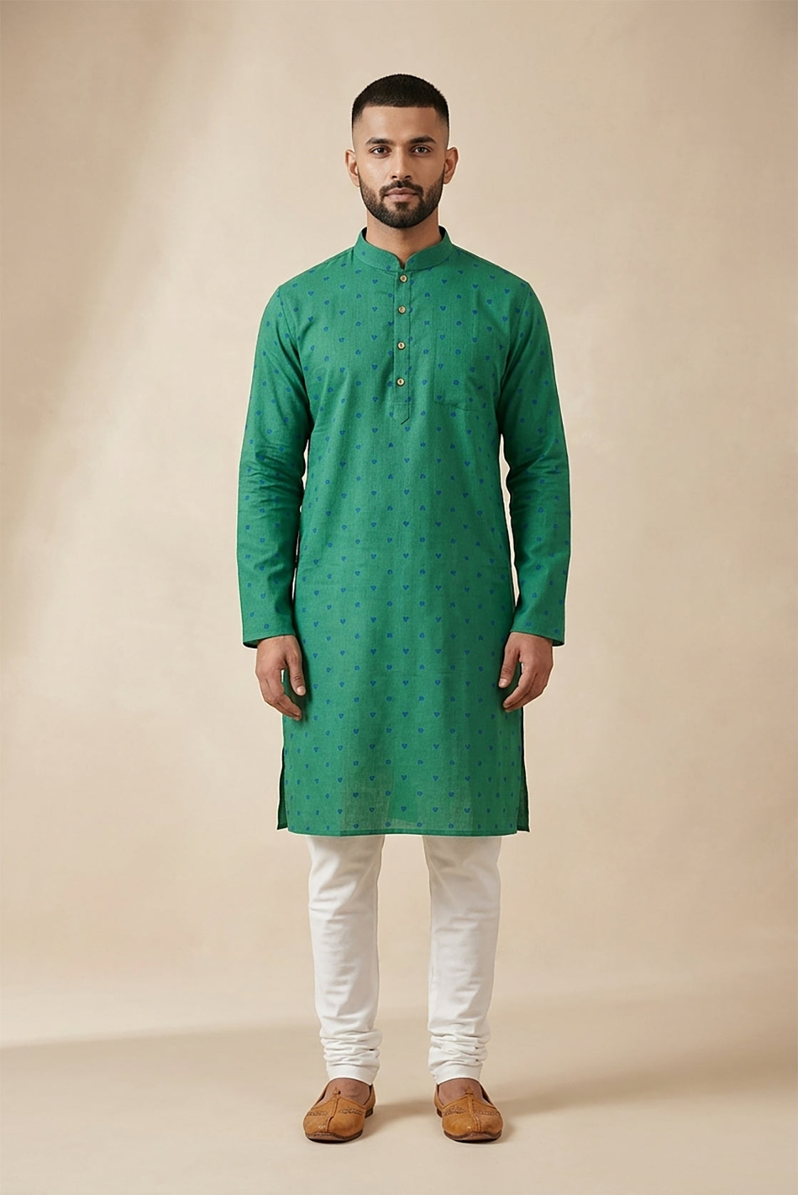 Green Pure Cotton Thread Butta Mens Kurta