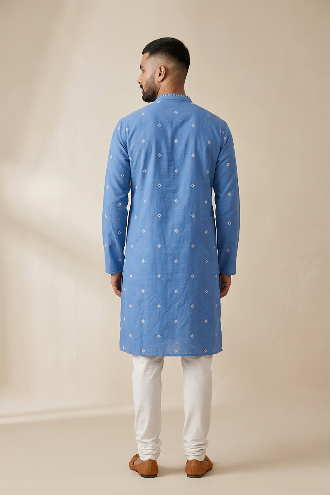 Sky Blue Pure Cotton Thread Butta Mens Kurta back image displayed on an AI model