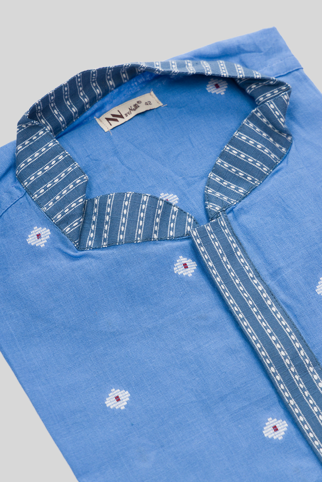Detailed shot of Sky Blue Pure Cotton Thread Butta Mens Kurta