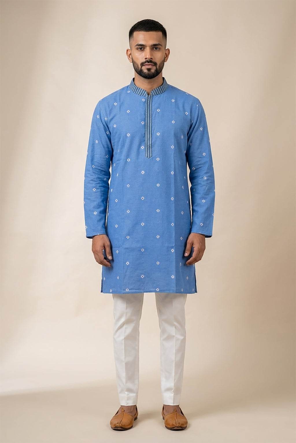 Sky Blue Pure Cotton Thread Butta Mens Kurta