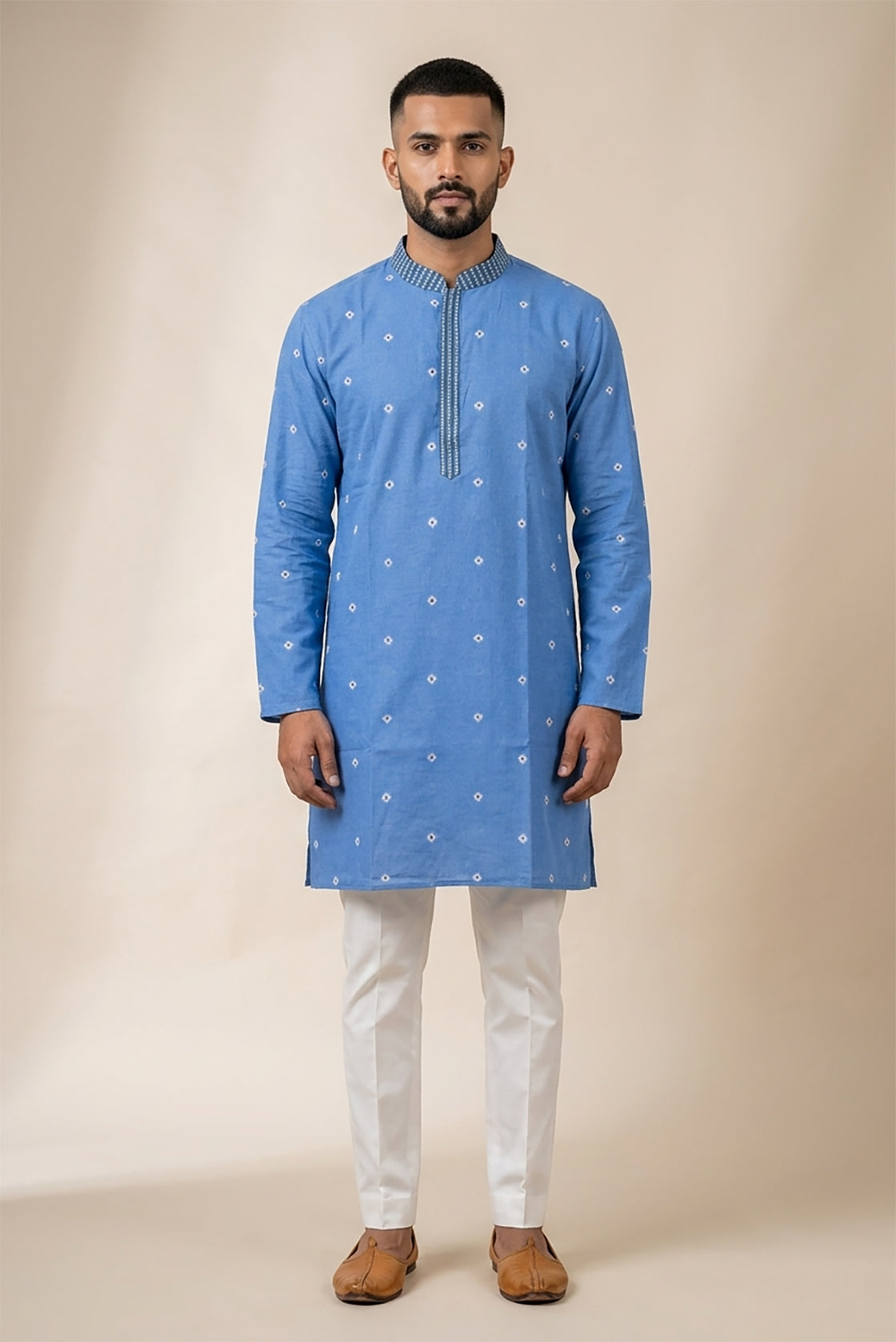Sky Blue Pure Cotton Thread Butta Mens Kurta