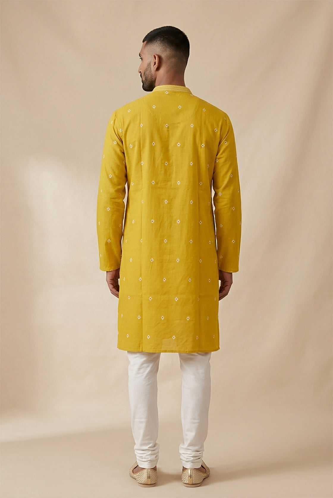 Yellow Pure Cotton Thread Butta Mens Kurta back image displayed on an AI model