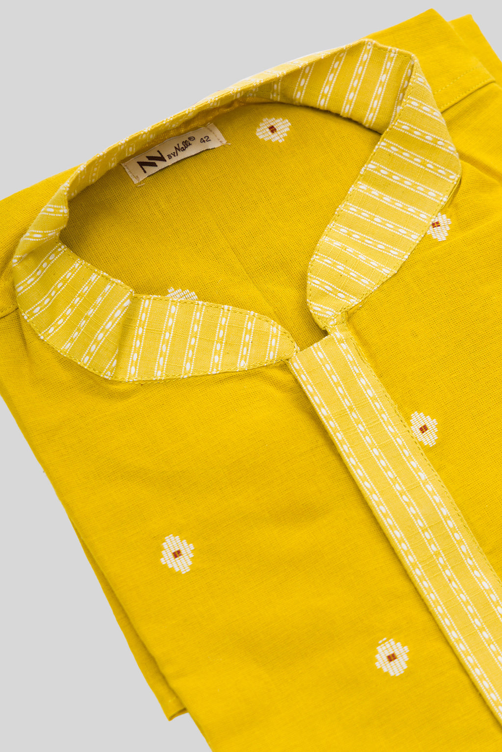 Detailed shot of Yellow Pure Cotton Thread Butta Mens Kurta