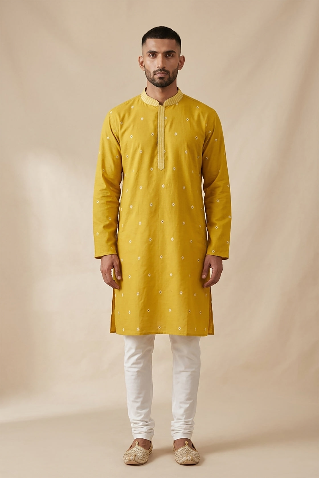 Yellow Pure Cotton Thread Butta Mens Kurta