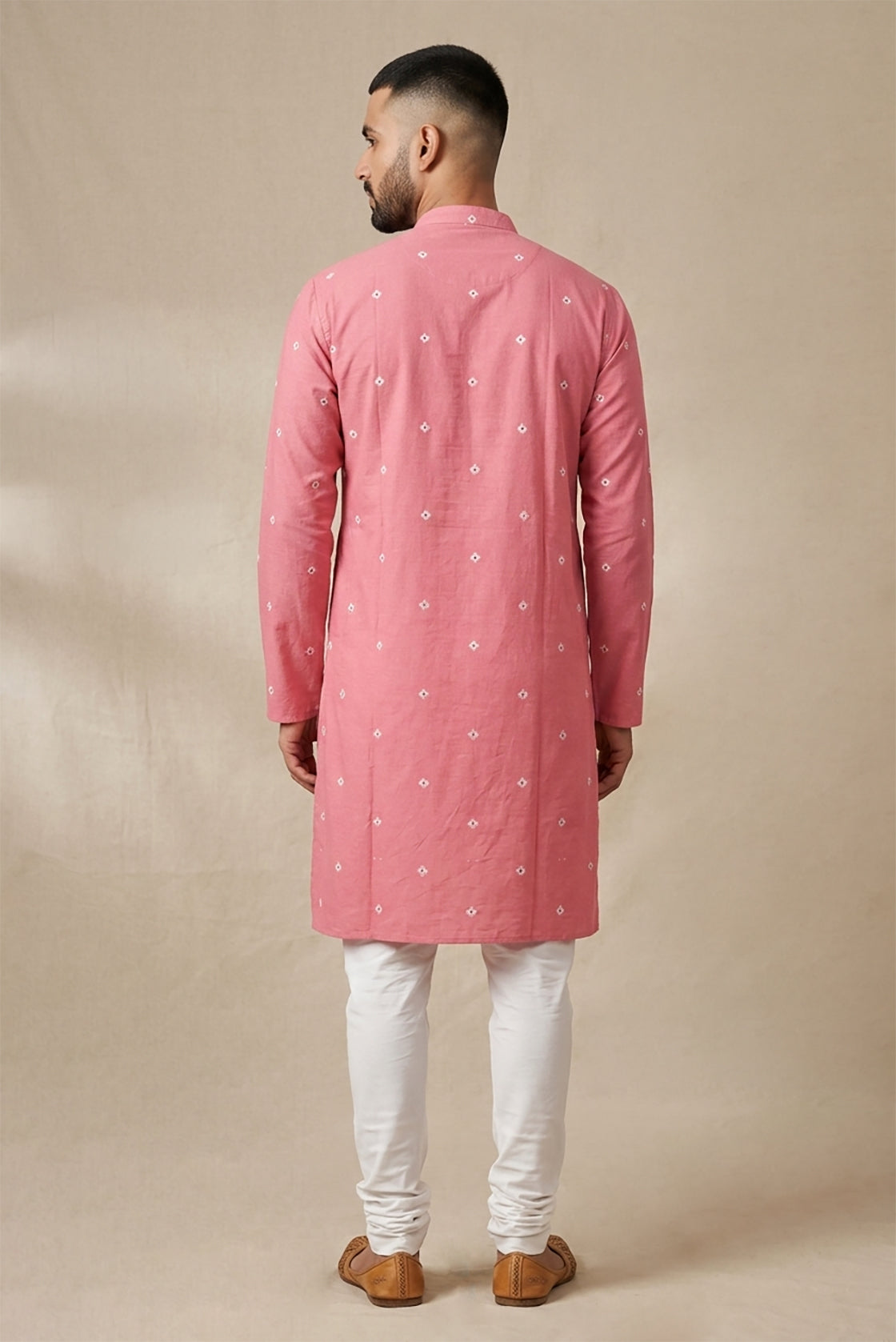Pink Pure Cotton Thread Butta Mens Kurta back image displayed on an AI model