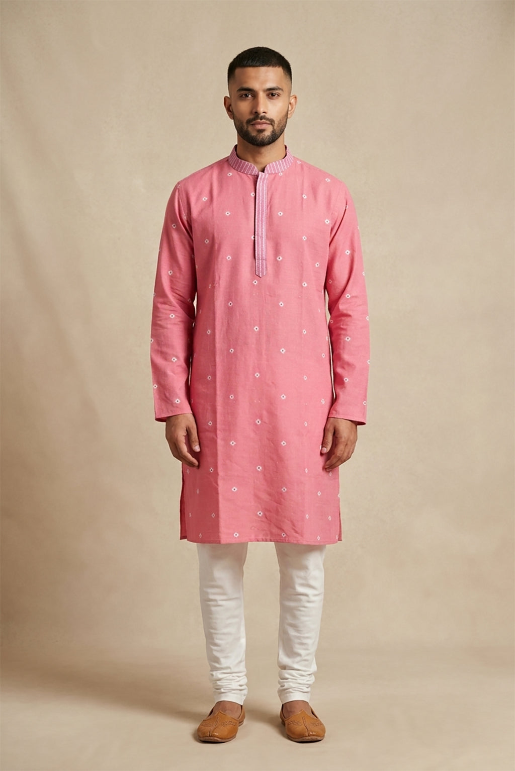 Pink Pure Cotton Thread Butta Mens Kurta
