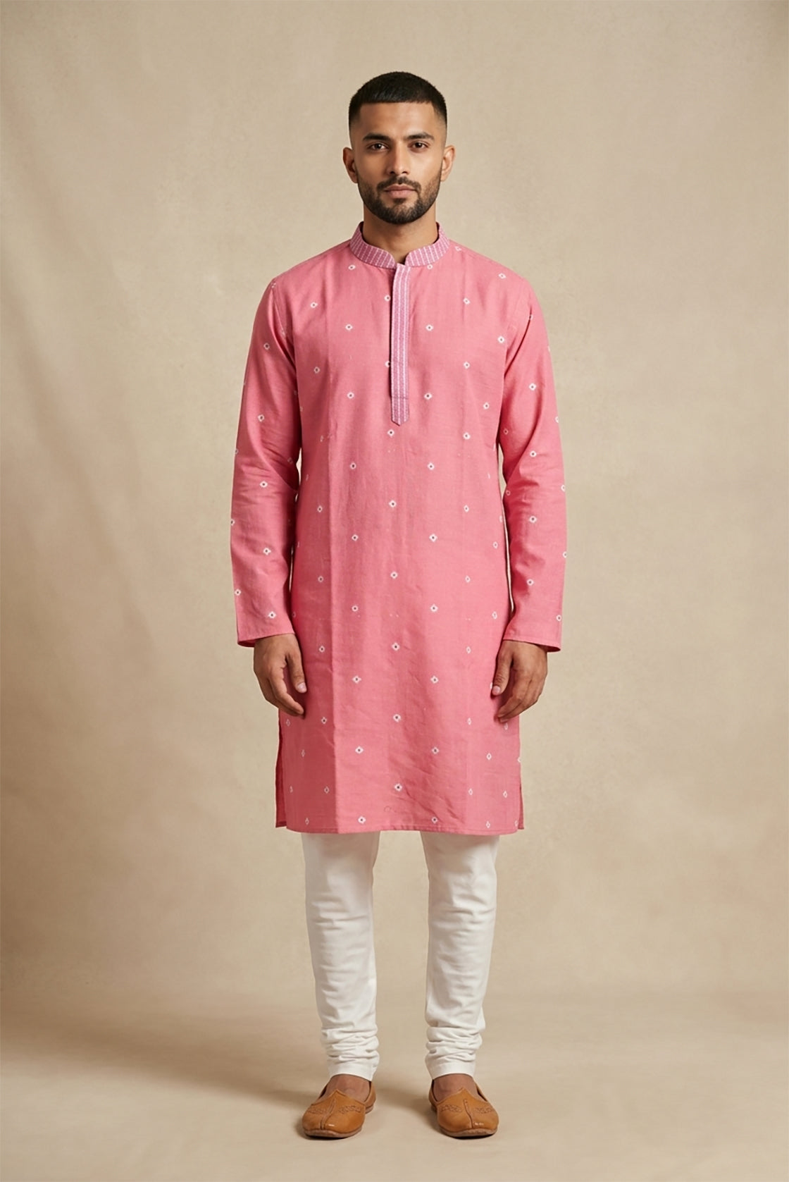 Pink Pure Cotton Thread Butta Mens Kurta