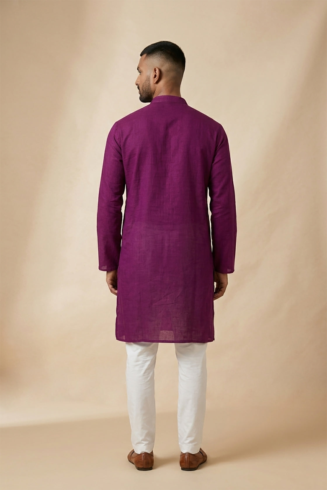Purple Pure Cotton Plain Body Mens Kurta back image displayed on an AI model