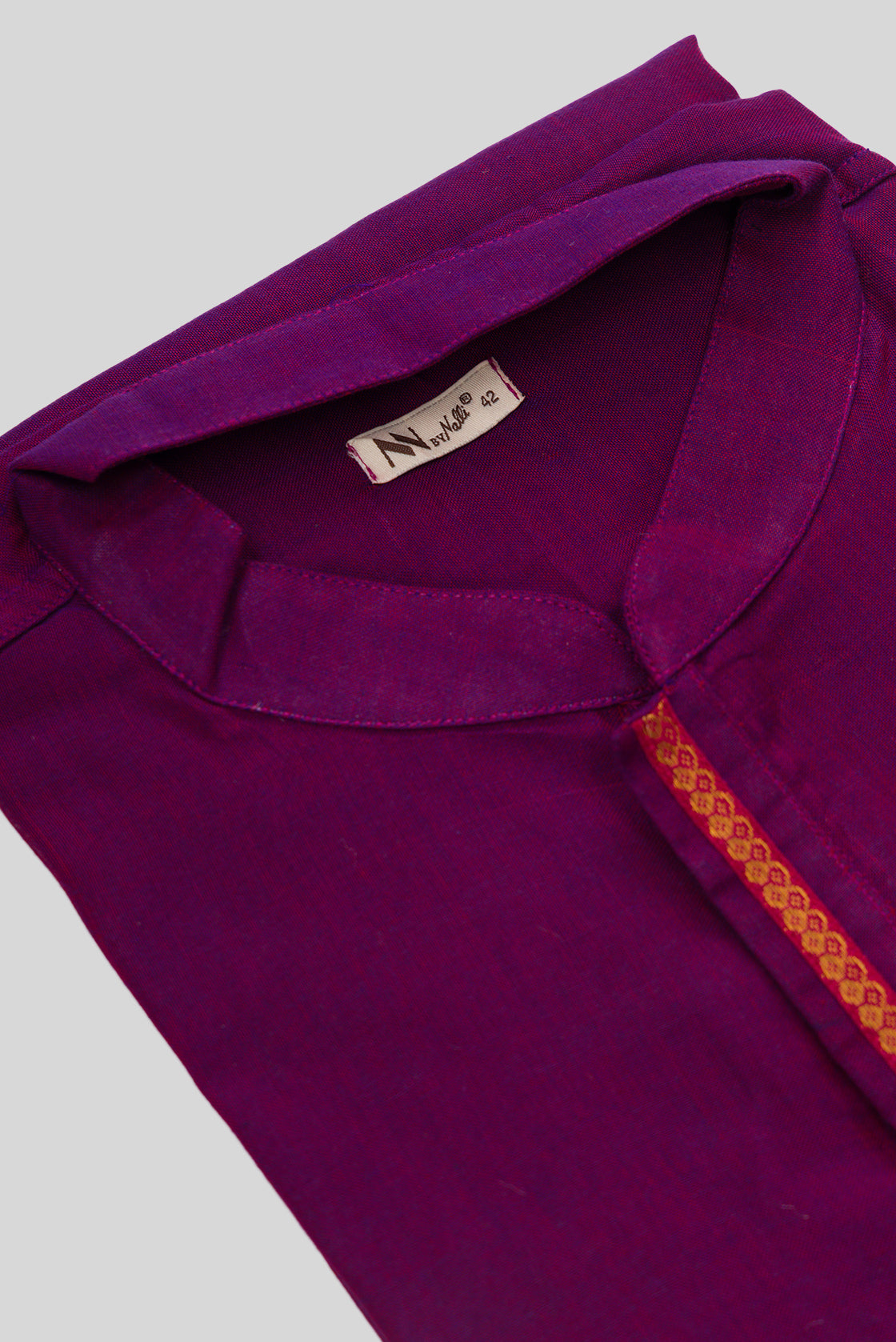 Detailed shot of Purple Pure Cotton Plain Body Mens Kurta