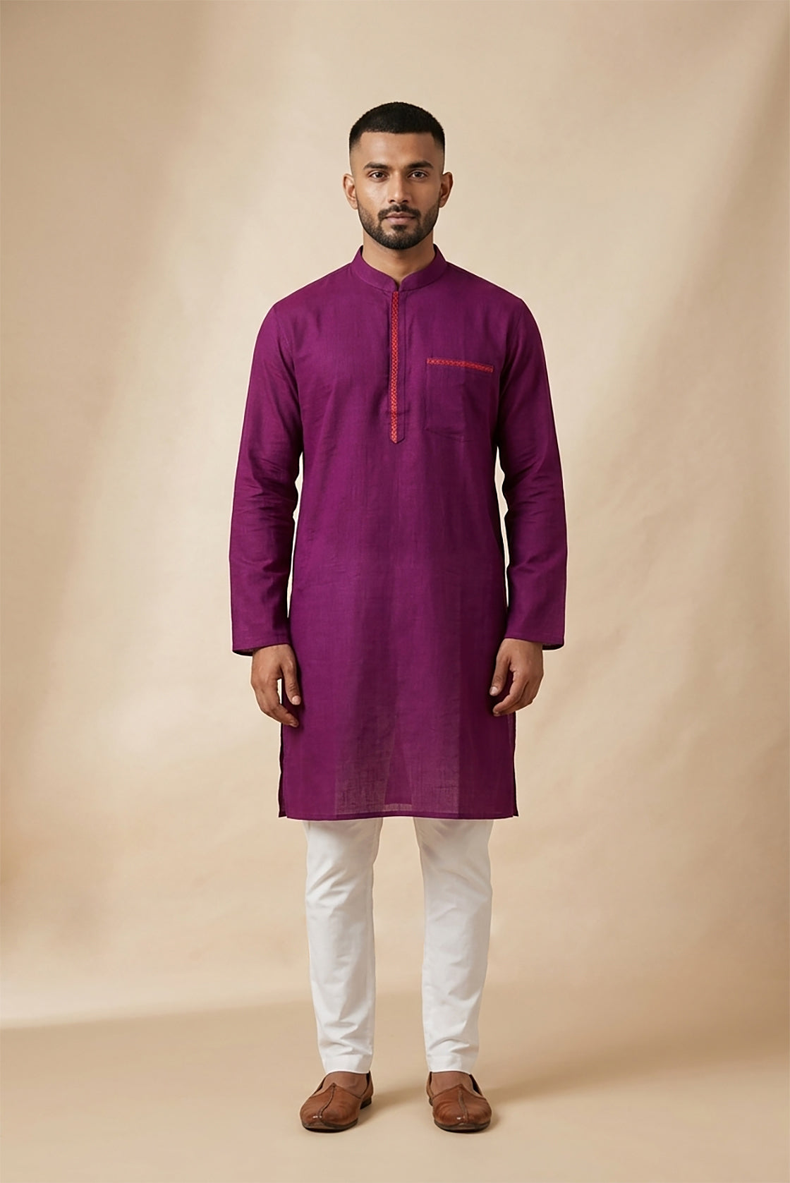 Purple Pure Cotton Plain Body Mens Kurta