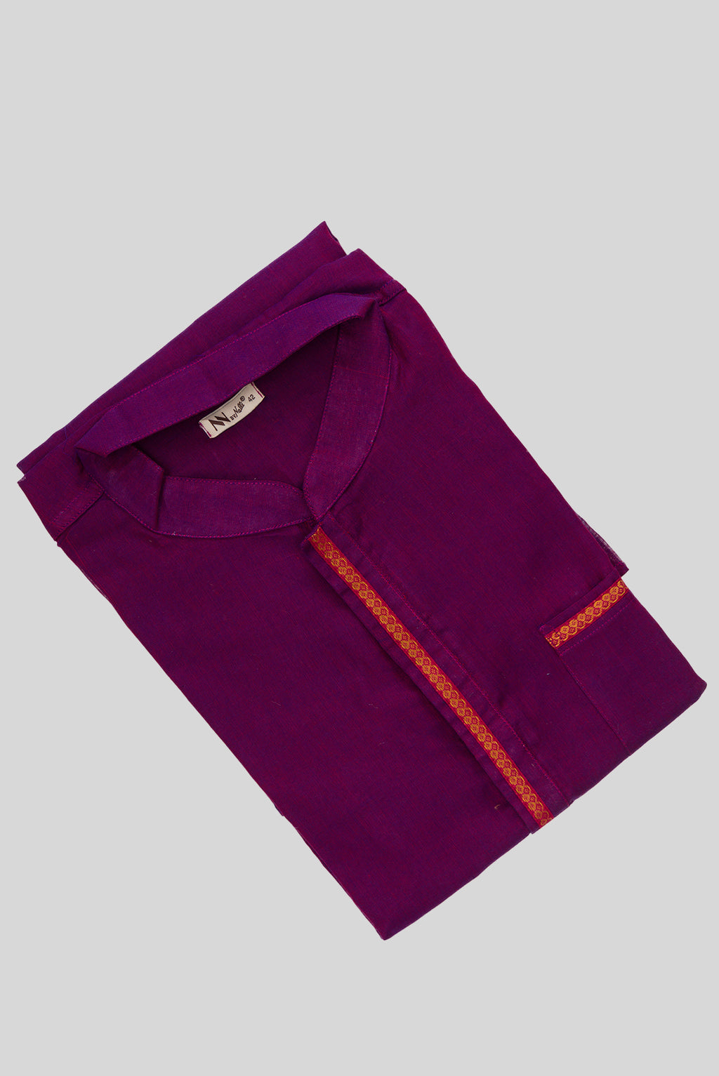 Close up blouse image of Purple Pure Cotton Plain Body Mens Kurta