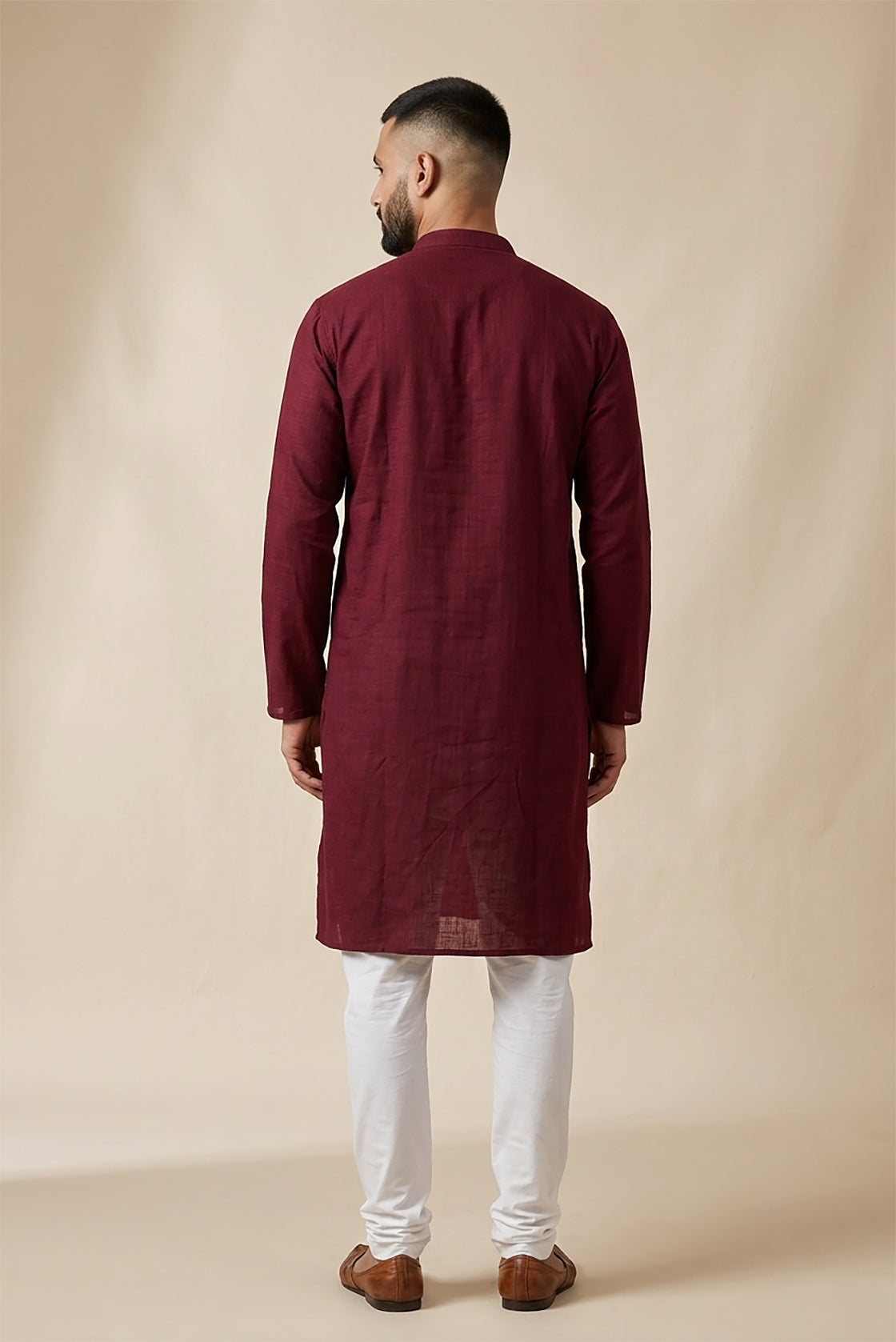 Maroon Pure Cotton Plain Body Mens Kurta back image displayed on an AI model