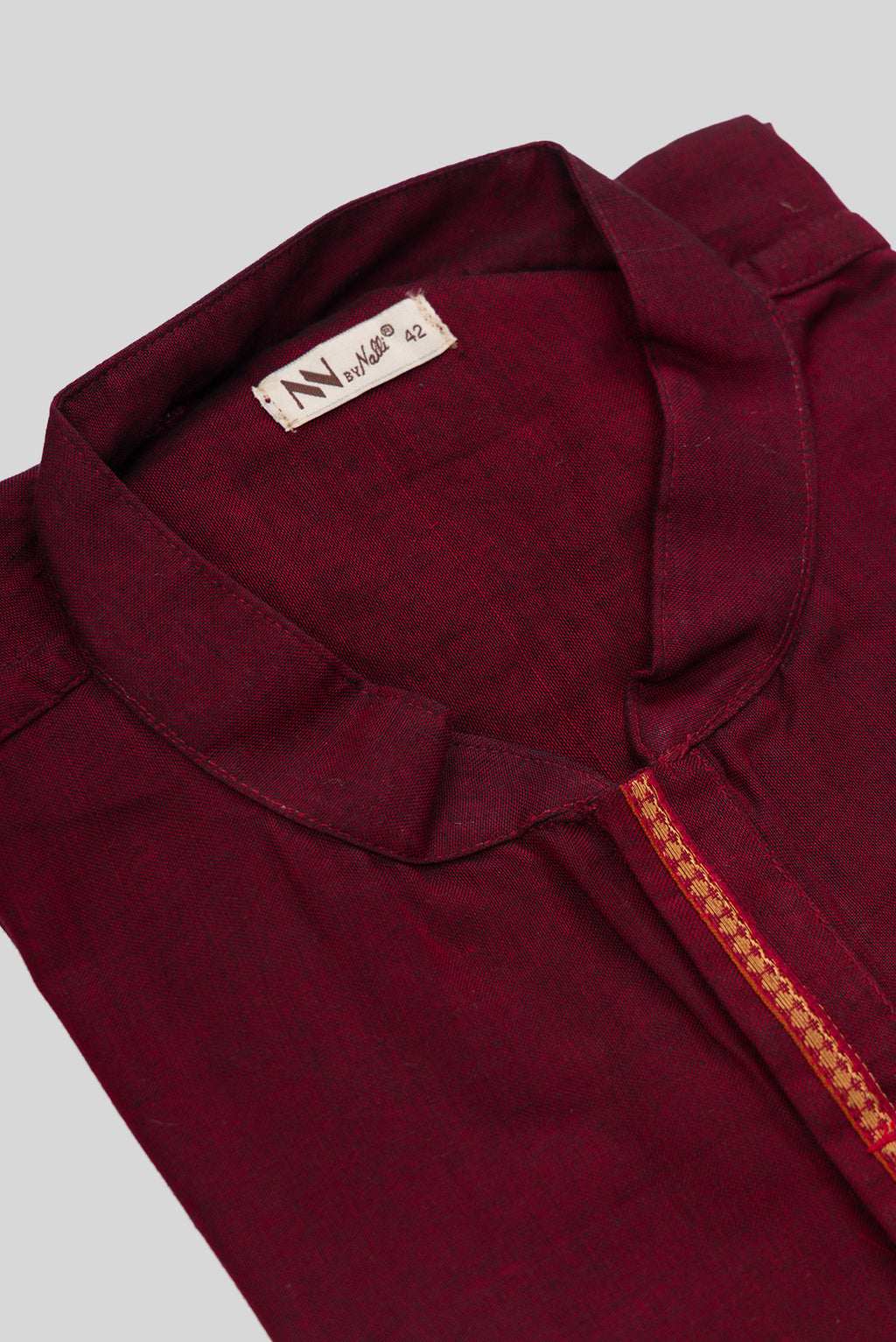 Detailed shot of Maroon Pure Cotton Plain Body Mens Kurta