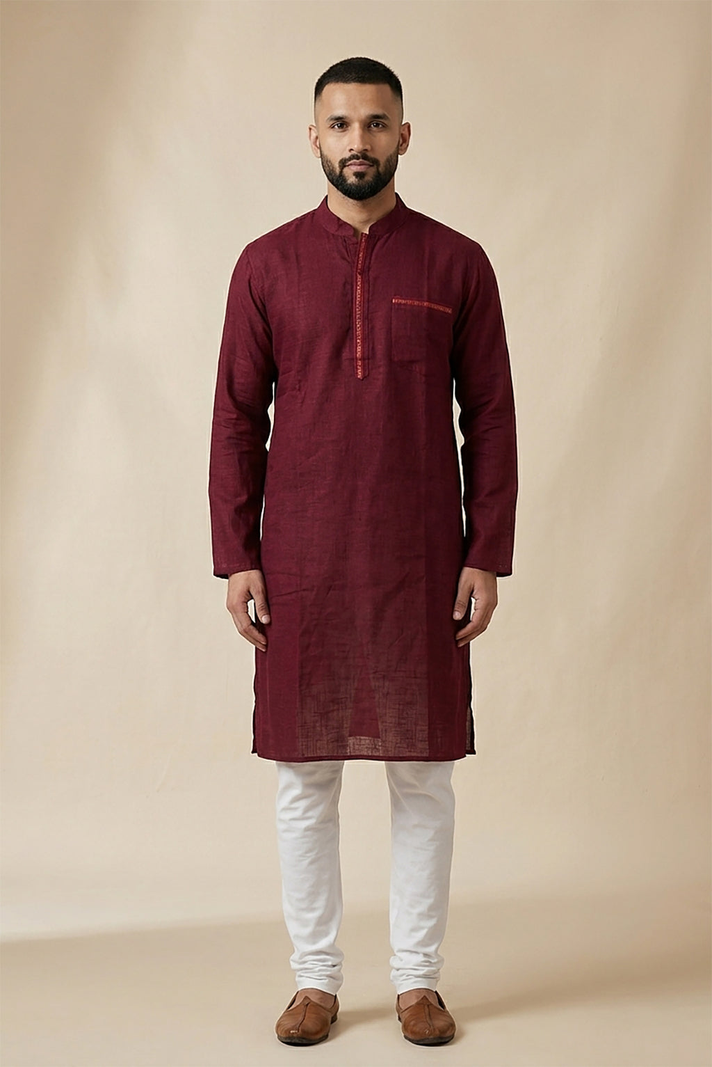 Maroon Pure Cotton Plain Body Mens Kurta