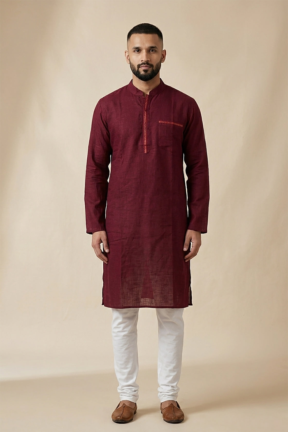Maroon Pure Cotton Plain Body Mens Kurta