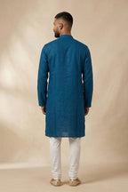 Peacock Blue Pure Cotton Plain Body Mens Kurta back image displayed on an AI model