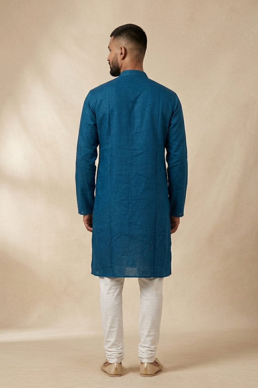 Peacock Blue Pure Cotton Plain Body Mens Kurta back image displayed on an AI model