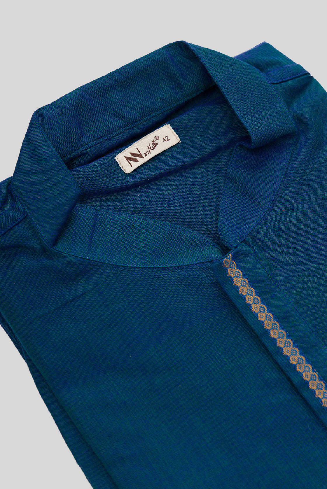Detailed shot of Peacock Blue Pure Cotton Plain Body Mens Kurta