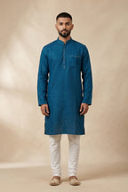 Peacock Blue Pure Cotton Plain Body Mens Kurta