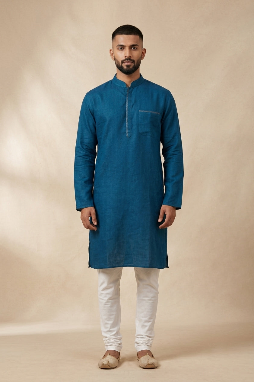 Peacock Blue Pure Cotton Plain Body Mens Kurta