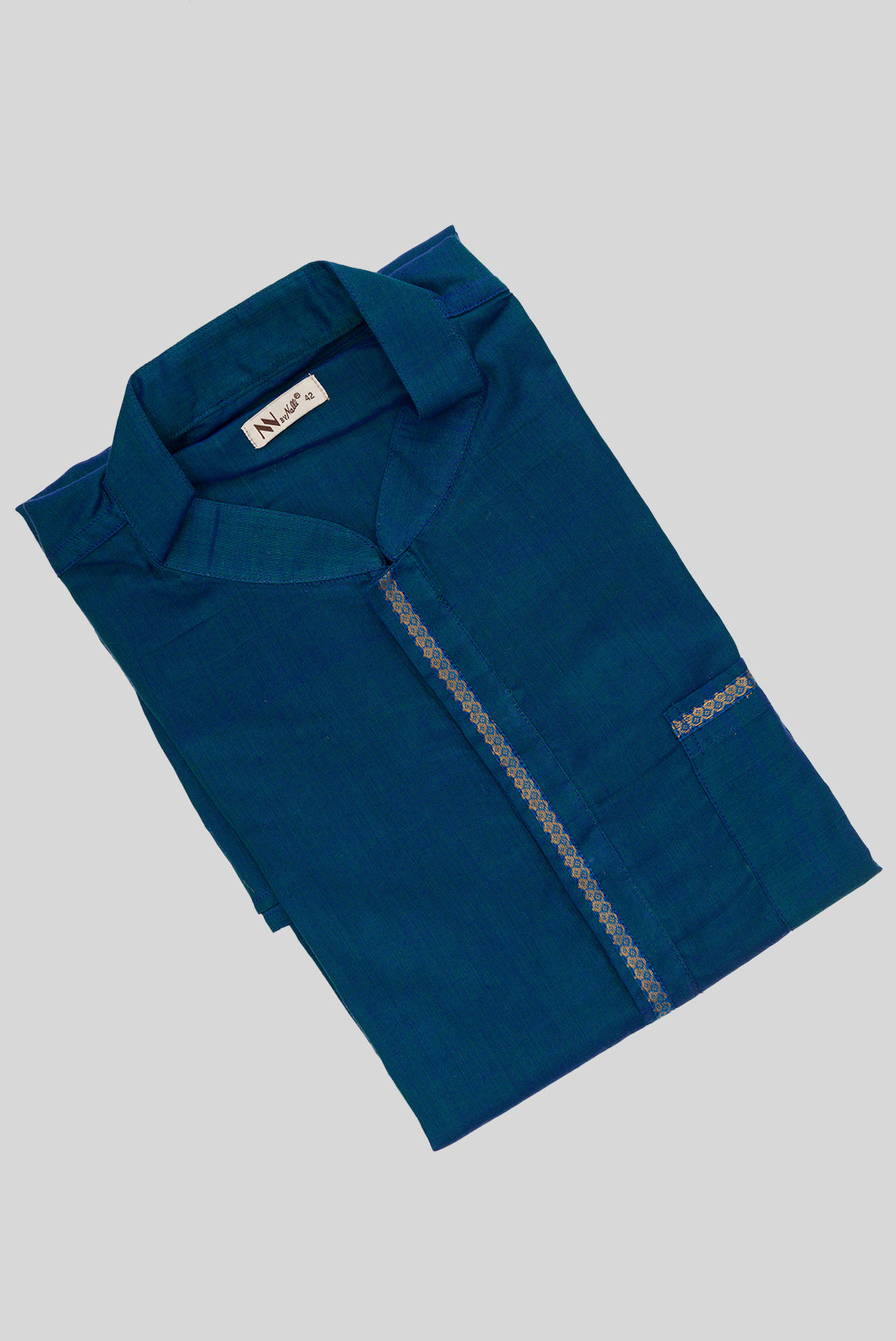 Close up blouse image of Peacock Blue Pure Cotton Plain Body Mens Kurta