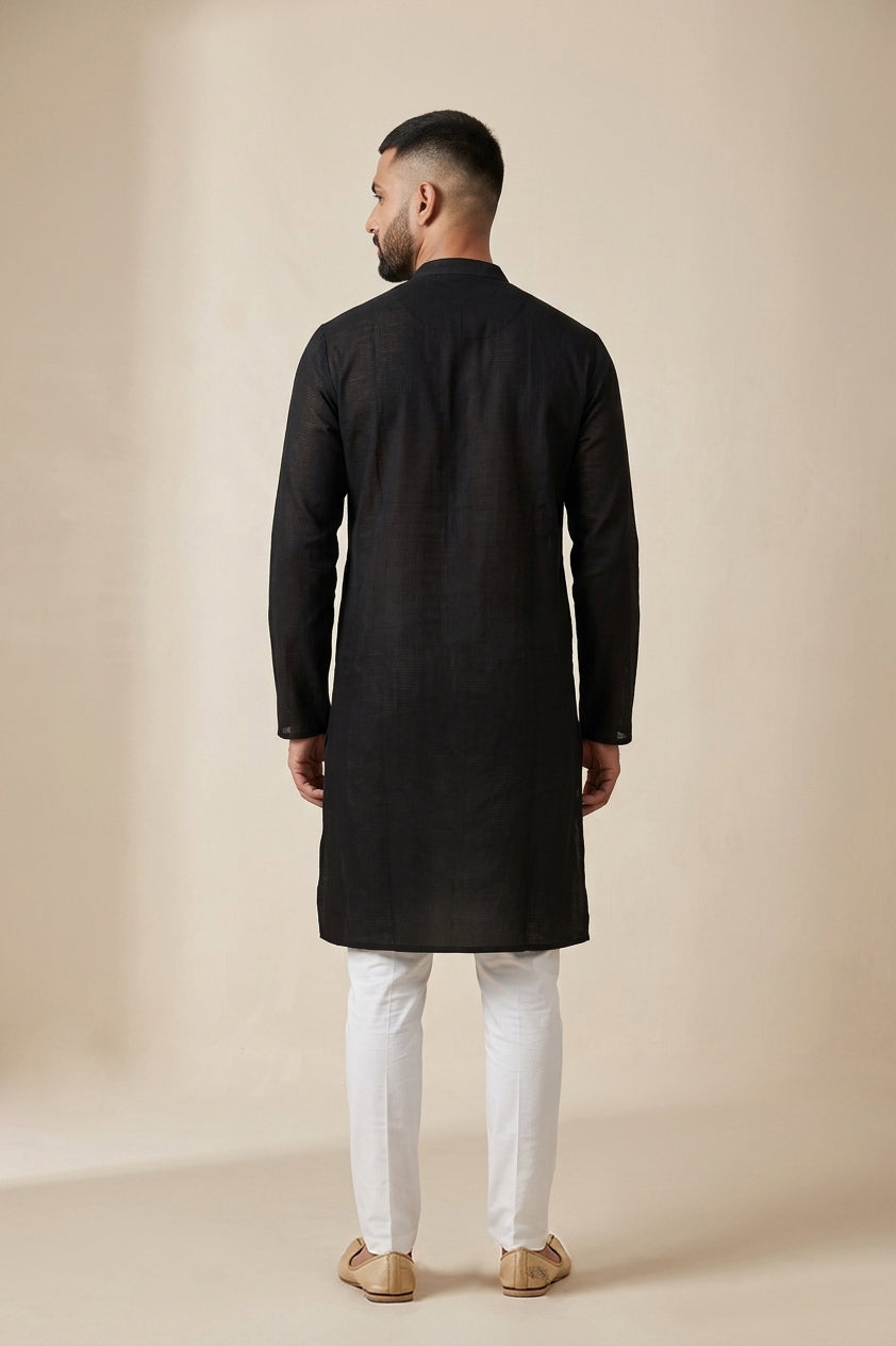 Black Pure Cotton Plain Body Mens Kurta back image displayed on an AI model