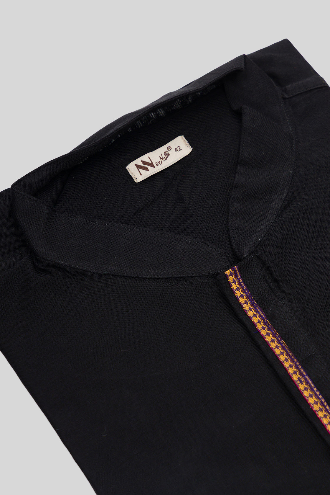 Detailed shot of Black Pure Cotton Plain Body Mens Kurta