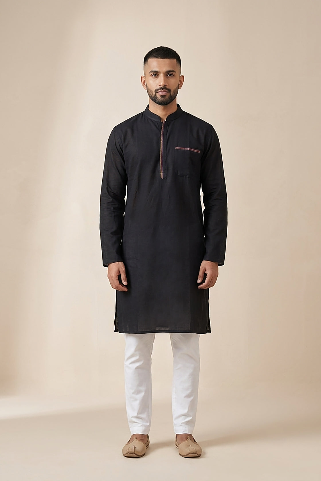 Black Pure Cotton Plain Body Mens Kurta