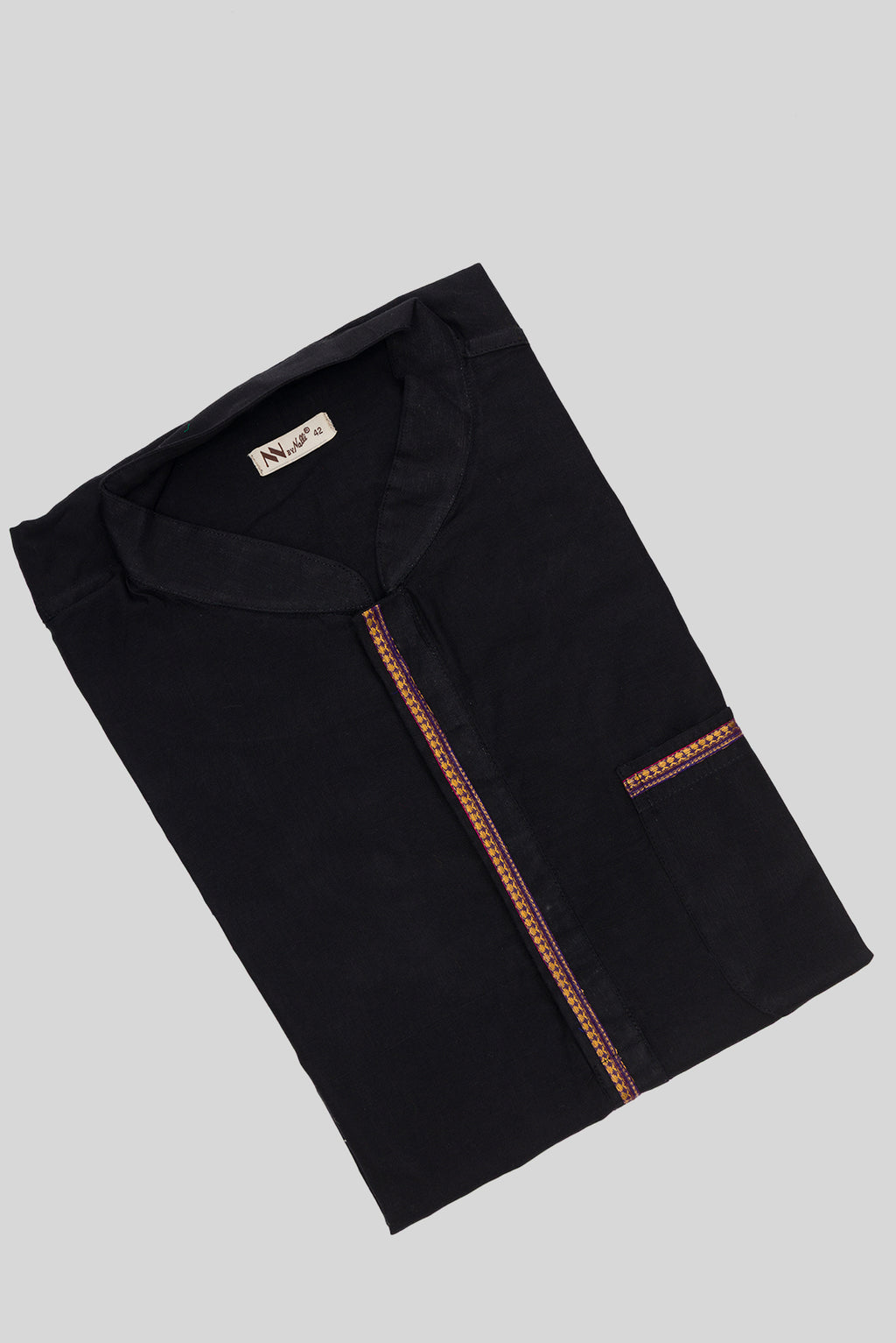 Close up blouse image of Black Pure Cotton Plain Body Mens Kurta