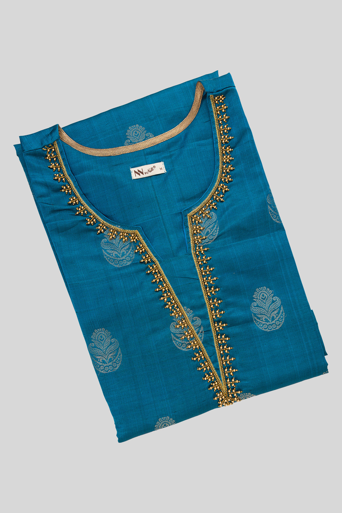 Top view of Peacock Blue Pure Silk Womens Kurta set featuring Zari Butta Kurta paired with Green Plain Body bottom and a Zari Butta dupatta in Green